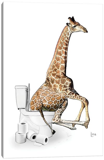 Color Giraffe On The Toilet Canvas Art Print - Giraffe Art