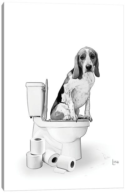 Dog On The Toilet Canvas Art Print - Basset Hound Art