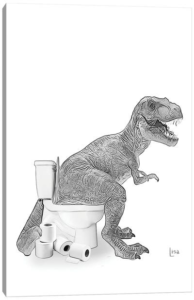 Trex On The Toilet Canvas Art Print - Black & White Animal Art