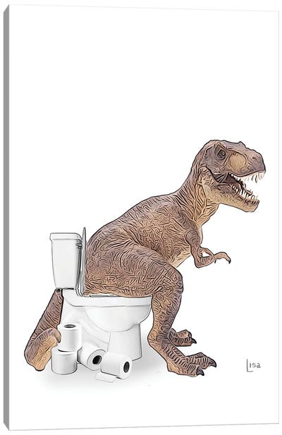 Color Trex On The Toilet Canvas Art Print - Dinosaur Art