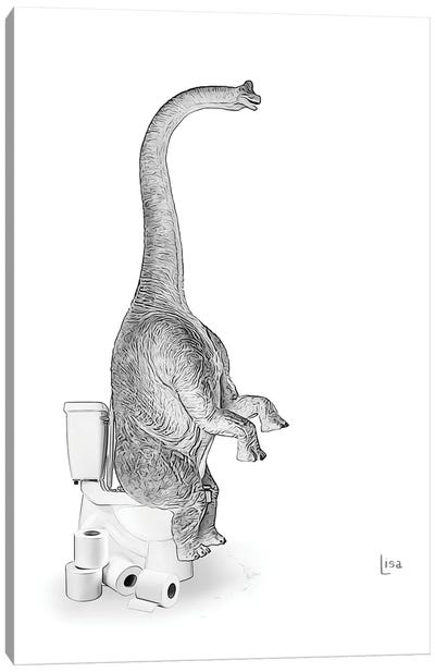 Apatosaurus Dino On The Toilet Canvas Art Print - Kids Dinosaur Art