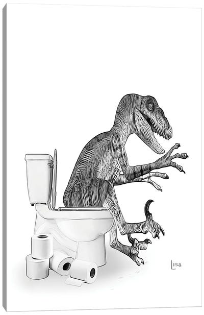 Velociraptor Dino On The Toilet Canvas Art Print - Prehistoric Animal Art