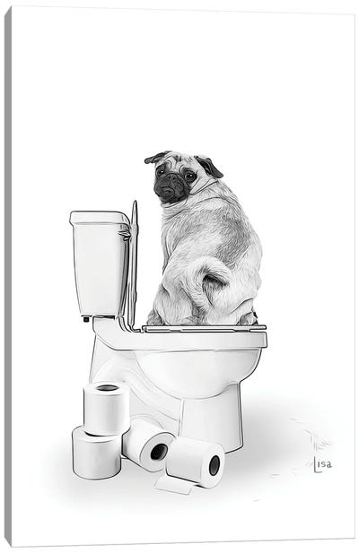 Pug Dog On The Toilet Canvas Art Print - Pug Art