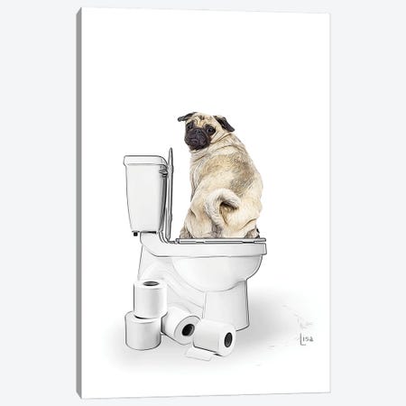 Color Pug Dog On The Toilet Canvas Print #LIP661} by Printable Lisa's Pets Canvas Wall Art