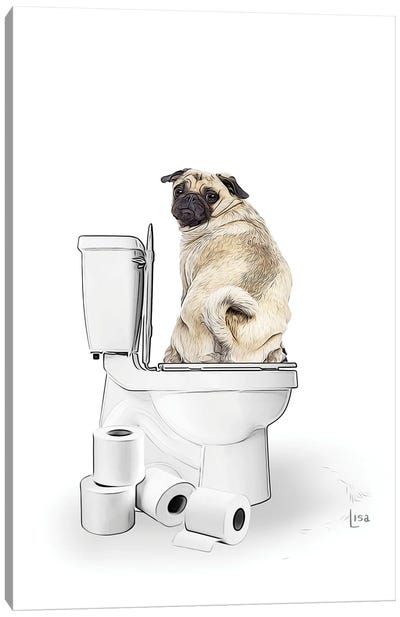 Color Pug Dog On The Toilet Canvas Art Print - Pug Art