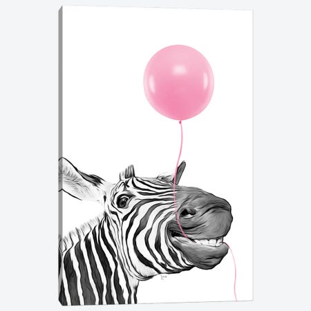 Smiling Zebra With Pink Balloon Canvas Print #LIP675} by Printable Lisa's Pets Canvas Artwork