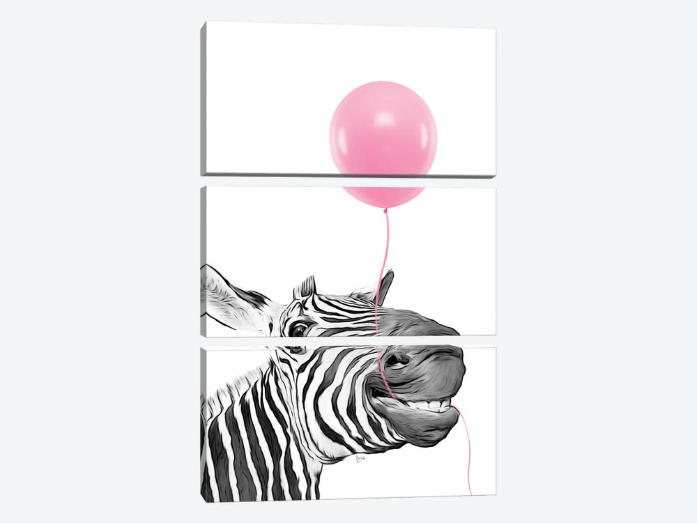 Smiling Zebra With Pink Balloon by Printable Lisa's Pets 3-piece Canvas Print