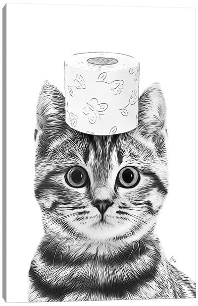Cat In The Bathroom With Toilet Paper On The Head Canvas Art Print - Bathroom Humor Art