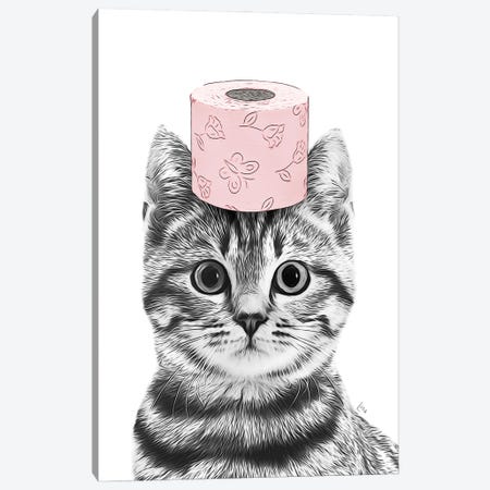Cat In Bathroom With Pink Toilet Paper On Head Canvas Print #LIP678} by Printable Lisa's Pets Canvas Print