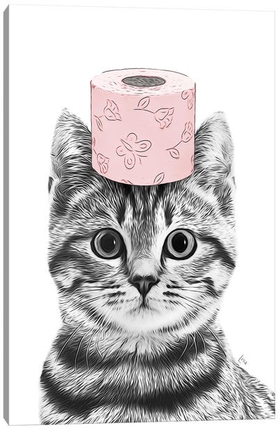 Cat In Bathroom With Pink Toilet Paper On Head Canvas Art Print - Animal Humor Art