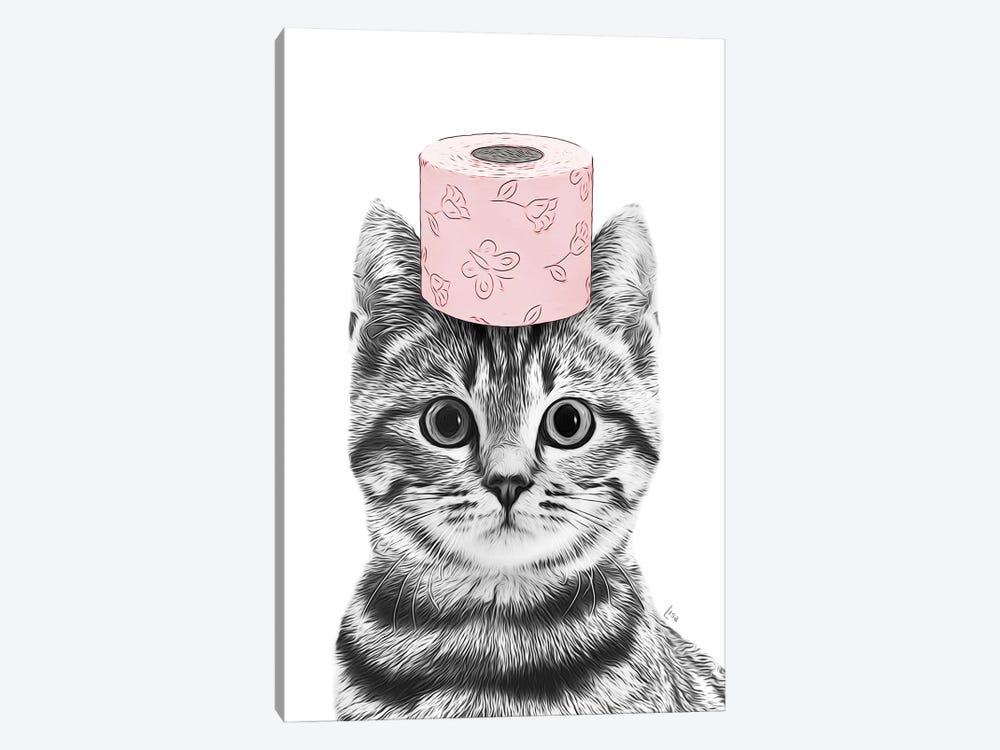 Cat In Bathroom With Pink Toilet Paper On Head by Printable Lisa's Pets 1-piece Canvas Wall Art