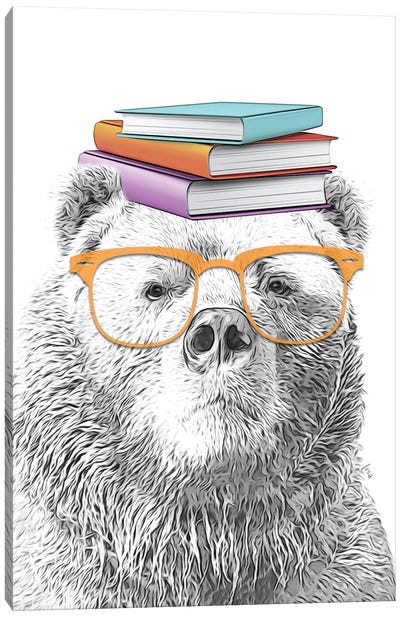 Bear With Orange Glasses And Books On The Head Canvas Art Print - Book Art