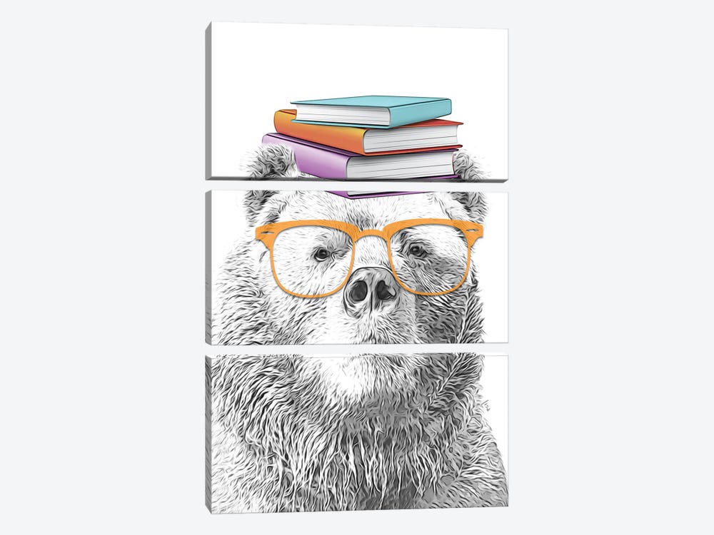Bear With Orange Glasses And Books On The Head by Printable Lisa's Pets 3-piece Art Print