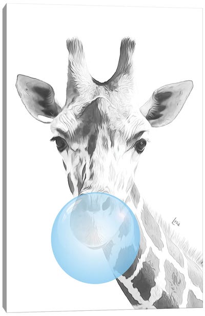 Giraffe With Chewing Gum, Blue Bubble Canvas Art Print - Black, White & Blue Art