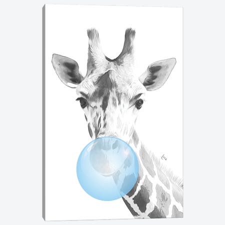 Giraffe With Chewing Gum, Blue Bubble Canvas Print #LIP687} by Printable Lisa's Pets Canvas Art Print