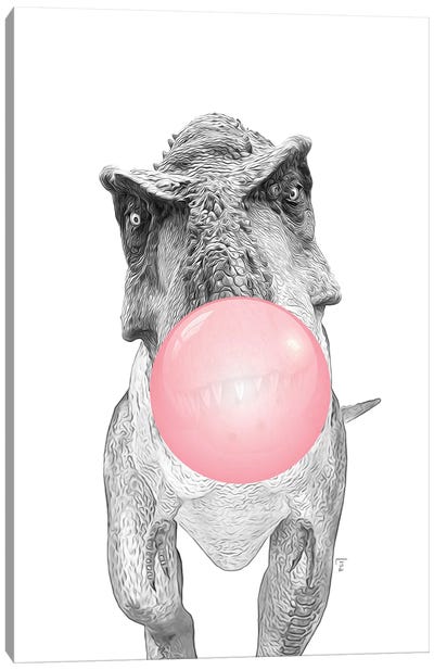 T-Rex Dinosaur With Chewing Gum, Pink Bubble Canvas Art Print - Bubble Gum