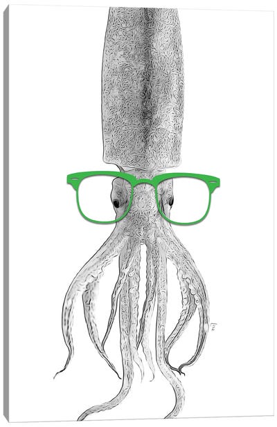 Squid With Green Glasses Canvas Art Print - Kids Nautical Art
