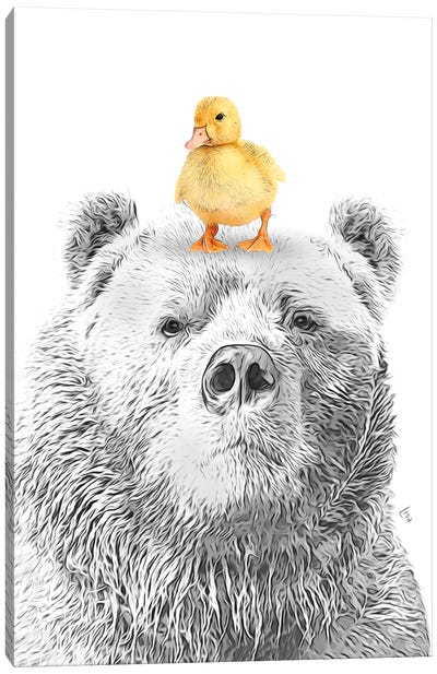 Bear With Yellow Duck Canvas Art Print - Black, White & Yellow Art