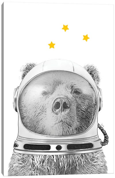 Bear With Astronaut Helmet In Space Among The Stars Canvas Art Print - Black, White & Yellow Art