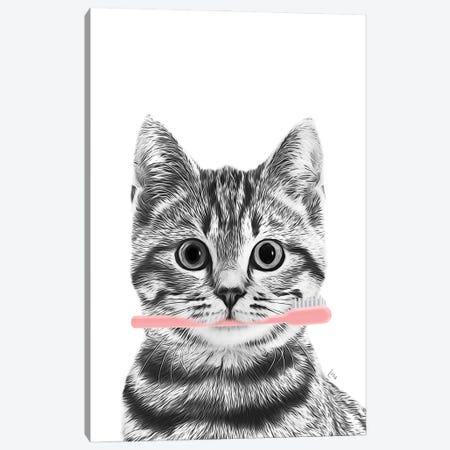 Cat With Pink Toothbrush Canvas Print #LIP695} by Printable Lisa's Pets Canvas Wall Art