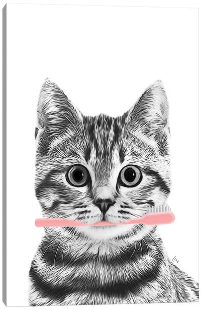 Cat With Pink Toothbrush Canvas Art Print - Tabby Cat Art