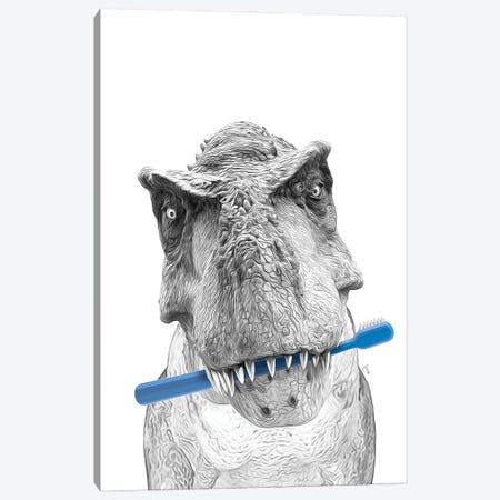 Trex Dinosaur With Blue Toothbrush Canvas Print #LIP697} by Printable Lisa's Pets Canvas Art