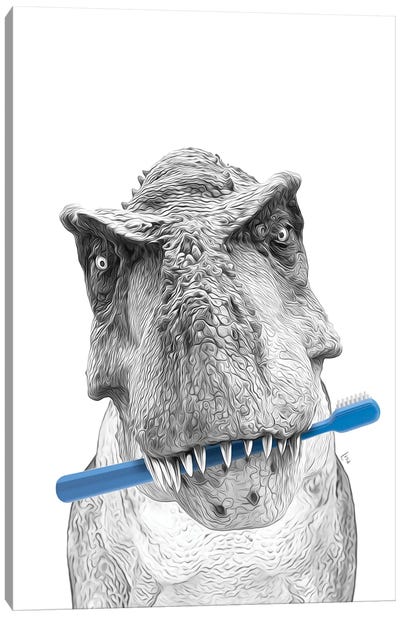 Trex Dinosaur With Blue Toothbrush Canvas Art Print - Dad Jokes