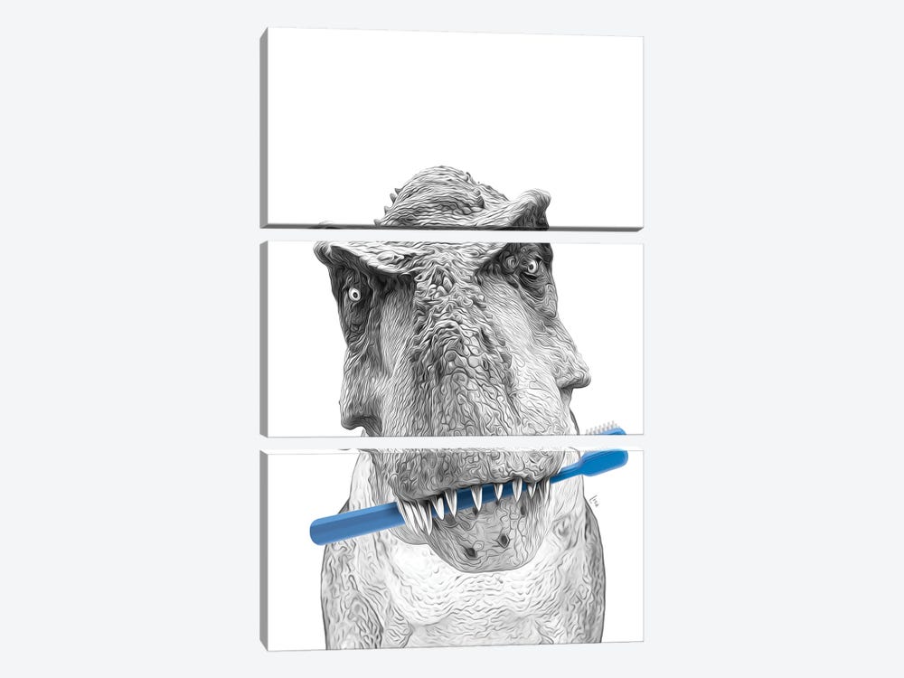Trex Dinosaur With Blue Toothbrush by Printable Lisa's Pets 3-piece Canvas Art Print