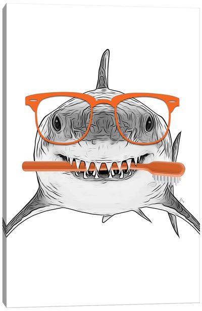 Shark With Orange Glasses And Toothbrush Canvas Art Print - Shark Art