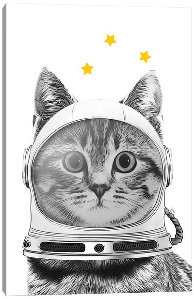 Astronaut Cat With Helmet And Stars Canvas Art Print - Black, White & Yellow Art