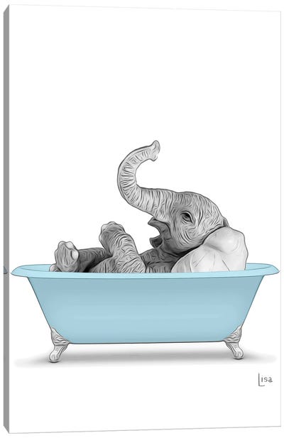 Elephant In The Blue Bath Canvas Art Print - Printable Lisa's Pets