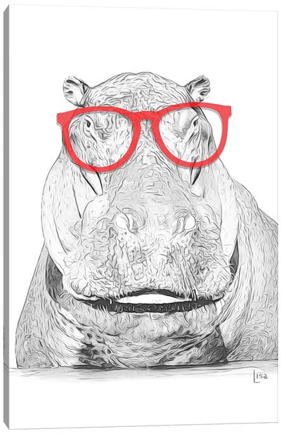 Hippo With Red Glasses Canvas Art Print - Hippopotamus Art