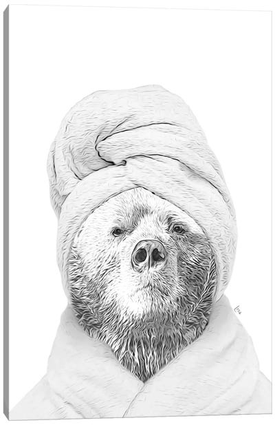 Bear With Bathrobe And Towel Black And White Bathroom Decoration Canvas Art Print - Black & White Graphics & Illustrations