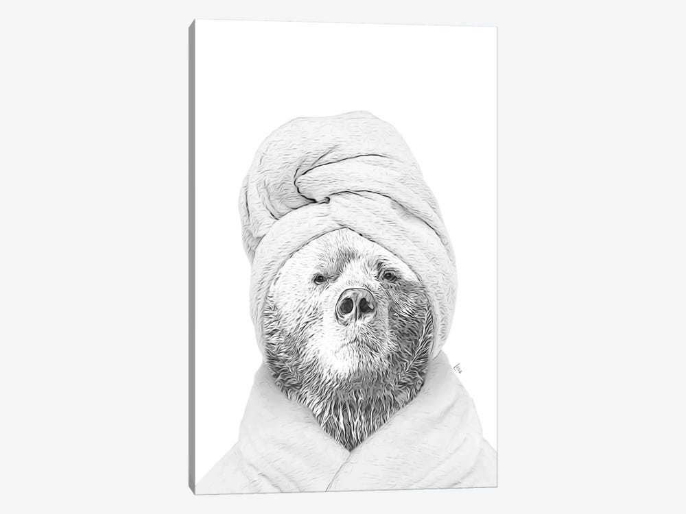 Bear With Bathrobe And Towel Black And White Bathroom Decoration by Printable Lisa's Pets 1-piece Art Print