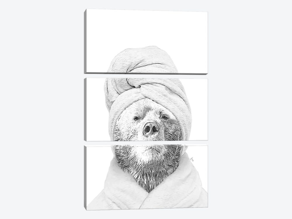 Bear With Bathrobe And Towel Black And White Bathroom Decoration by Printable Lisa's Pets 3-piece Art Print