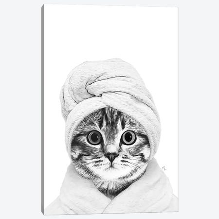 Cat With Bathrobe And Towel Black And White Bathroom Decoration Canvas Print #LIP702} by Printable Lisa's Pets Canvas Art Print