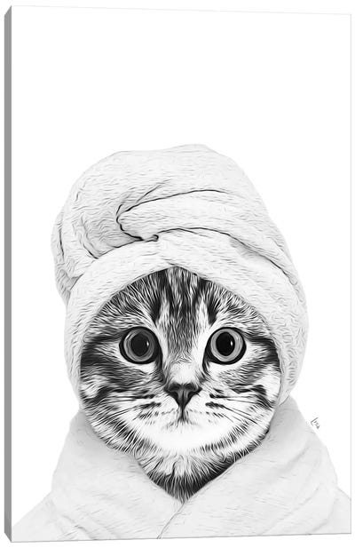 Cat With Bathrobe And Towel Black And White Bathroom Decoration Canvas Art Print - Printable Lisa's Pets