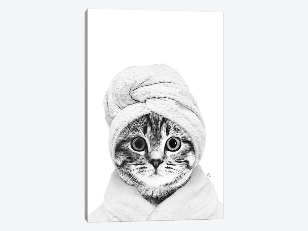 Cat With Bathrobe And Towel Black And White Bathroom Decoration by Printable Lisa's Pets 1-piece Canvas Artwork