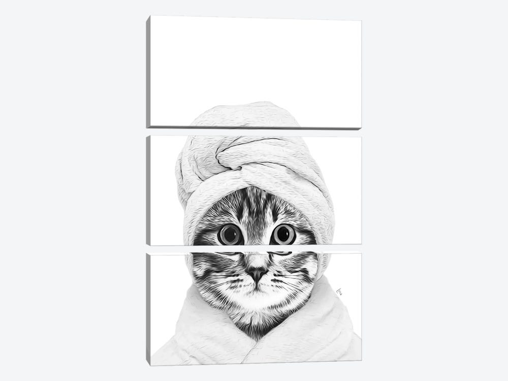 Cat With Bathrobe And Towel Black And White Bathroom Decoration by Printable Lisa's Pets 3-piece Canvas Art