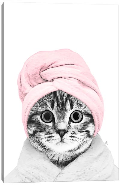 Cat With Bathrobe And Pink Towel Bathroom Decoration Canvas Art Print - Cat Art