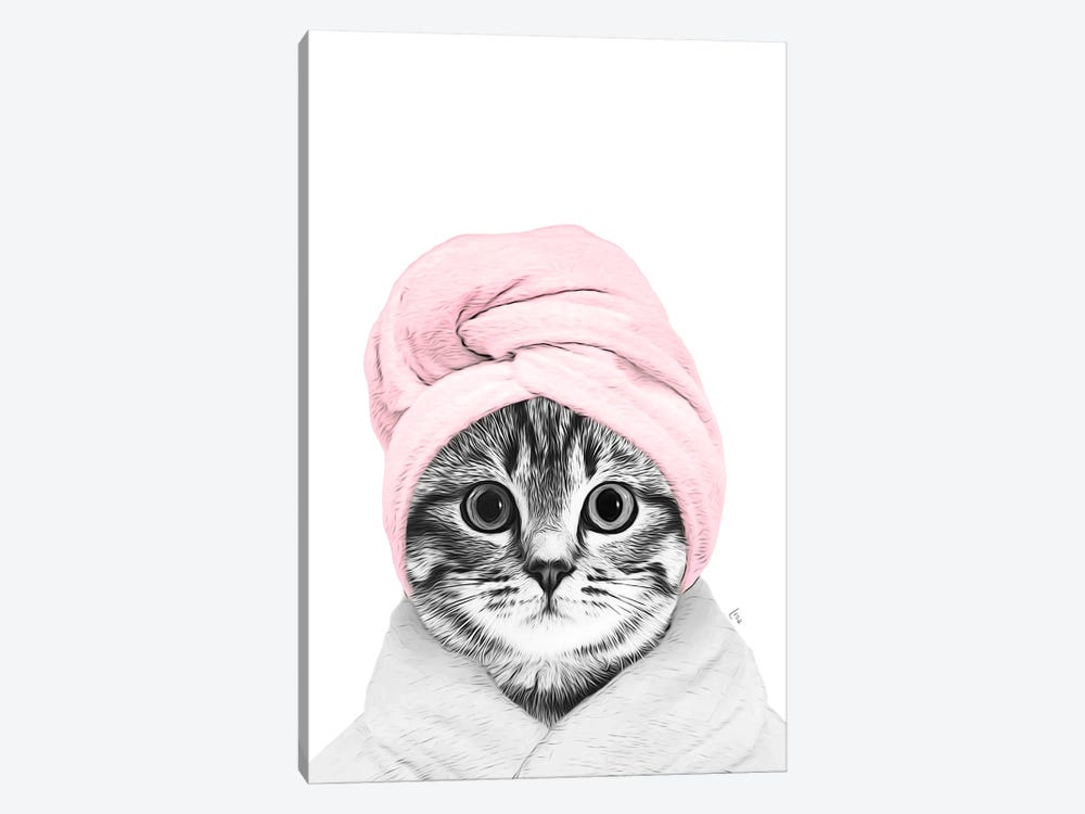 Cat With Bathrobe And Pink Towel Bathroom Decoration by Printable Lisa's Pets 1-piece Art Print