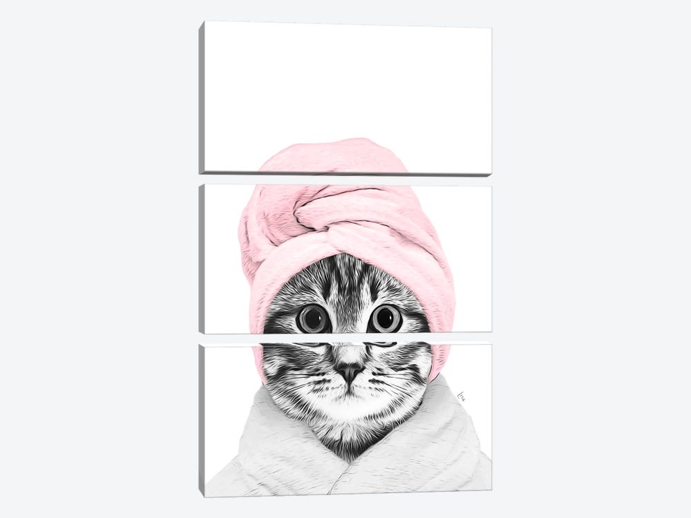 Cat With Bathrobe And Pink Towel Bathroom Decoration by Printable Lisa's Pets 3-piece Canvas Art Print