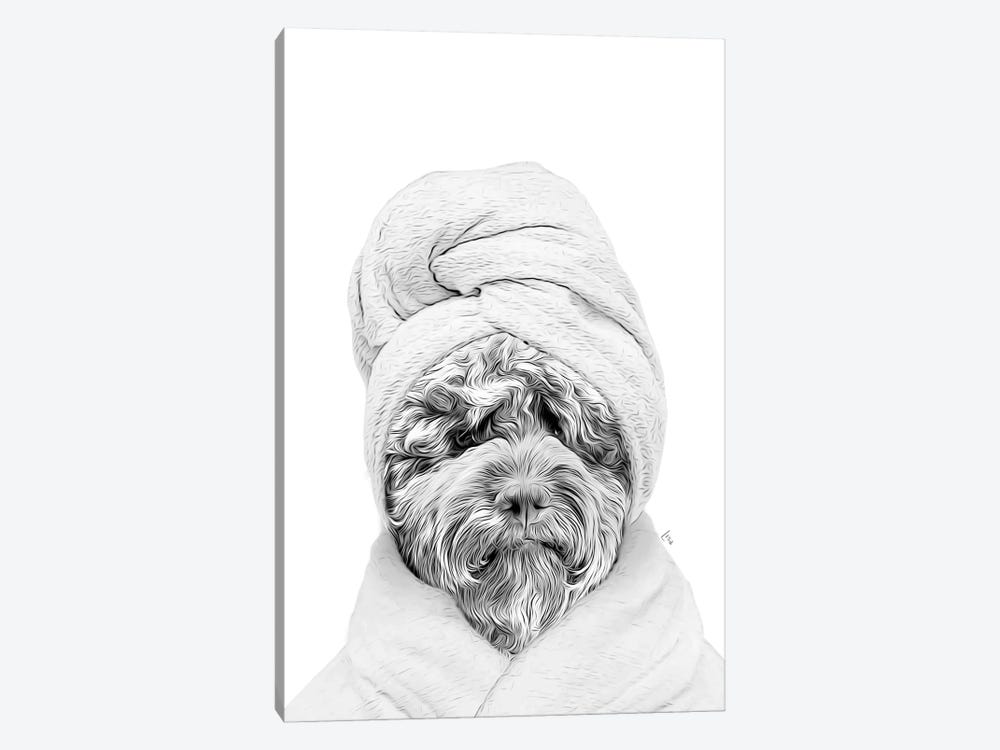 Labradoodle Dog With Bathrobe And Towel Black And White Bathroom Decoration by Printable Lisa's Pets 1-piece Canvas Wall Art