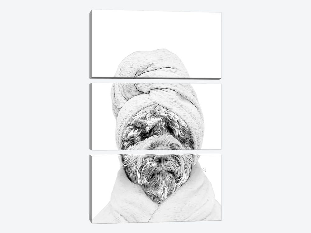 Labradoodle Dog With Bathrobe And Towel Black And White Bathroom Decoration by Printable Lisa's Pets 3-piece Canvas Wall Art