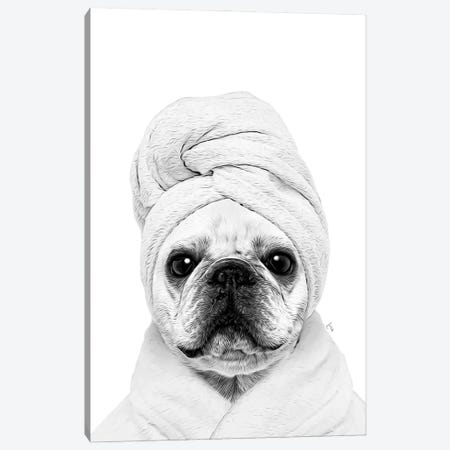 French Bulldog Dog With Bathrobe And Towel Black And White Bathroom Decoration Canvas Print #LIP707} by Printable Lisa's Pets Canvas Art