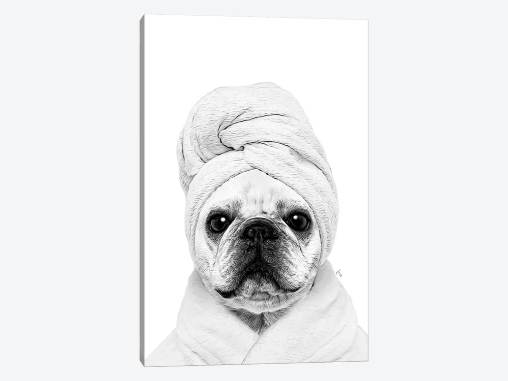French Bulldog Dog With Bathrobe And Towel Black And White Bathroom Decoration by Printable Lisa's Pets 1-piece Canvas Print