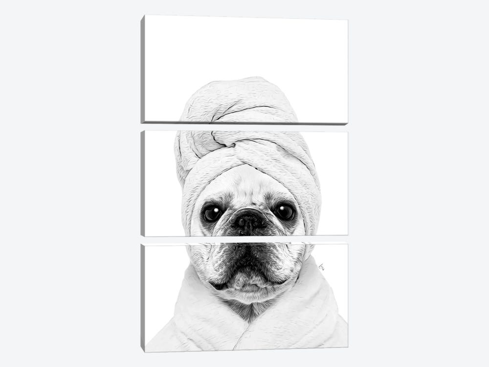 French Bulldog Dog With Bathrobe And Towel Black And White Bathroom Decoration by Printable Lisa's Pets 3-piece Canvas Print