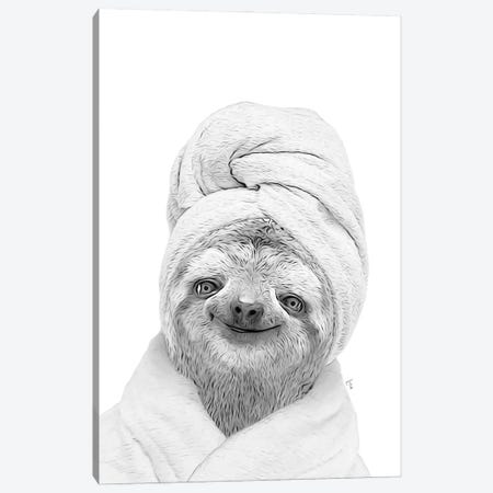 Sloth Dog With Bathrobe And Towel Black And White Bathroom Decoration Canvas Print #LIP708} by Printable Lisa's Pets Canvas Art Print