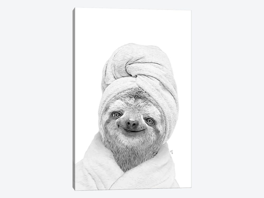 Sloth Dog With Bathrobe And Towel Black And White Bathroom Decoration by Printable Lisa's Pets 1-piece Canvas Artwork