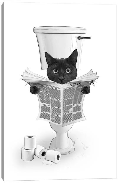 Black Cat Reading The Newspaper On The Toilet Canvas Art Print - Black & White Animal Art